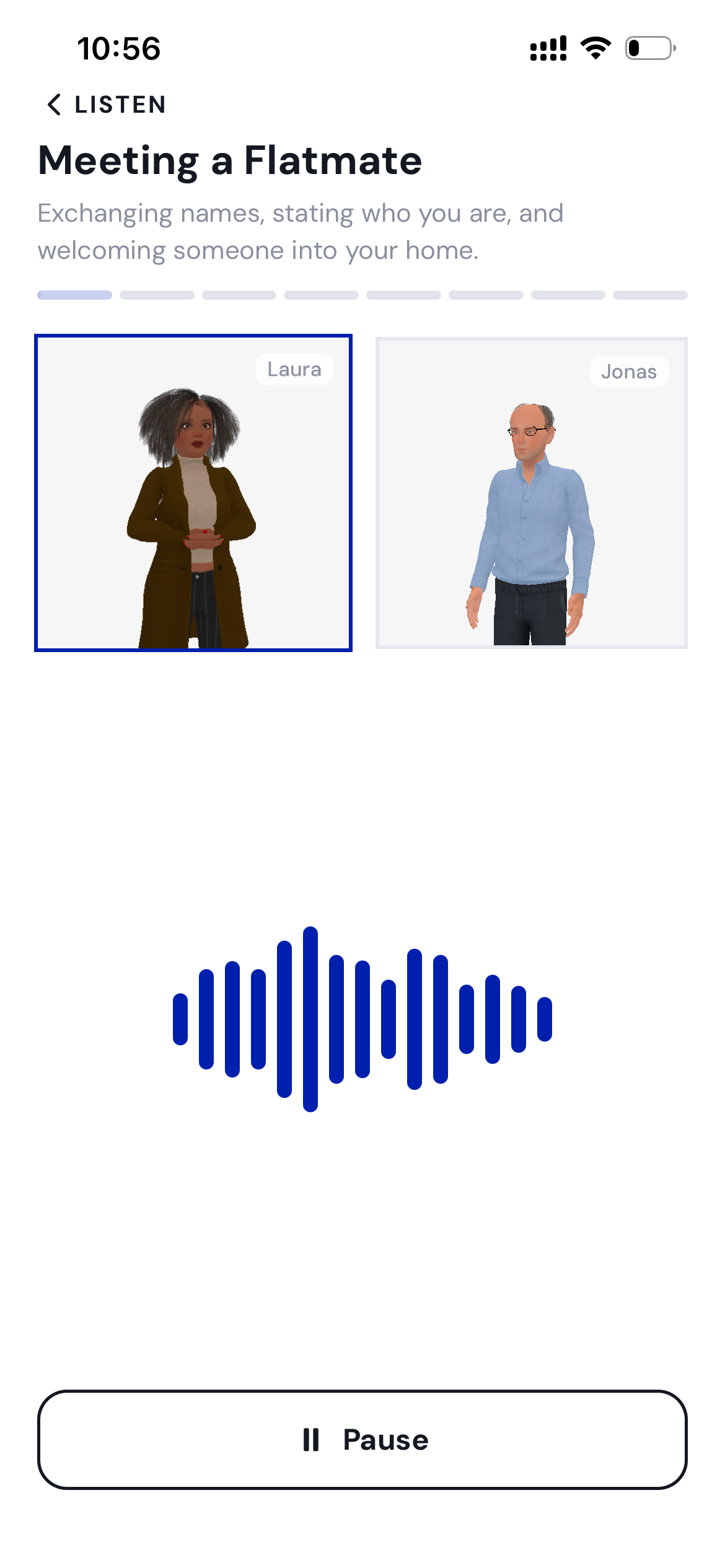 Listening to a German conversation between two 3D speakers