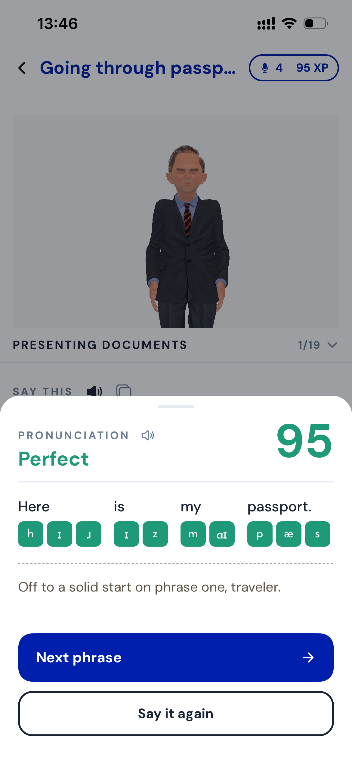 A pronunciation score of 95 for “Here is my passport.”, with each sound checked